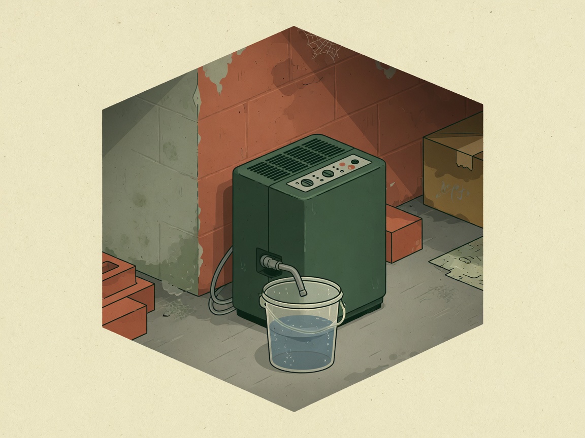 Editorial illustration of a portable dehumidifier on a basement floor
