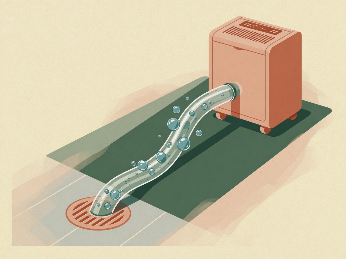 Editorial illustration of a dehumidifier condensate hose running to a floor drain