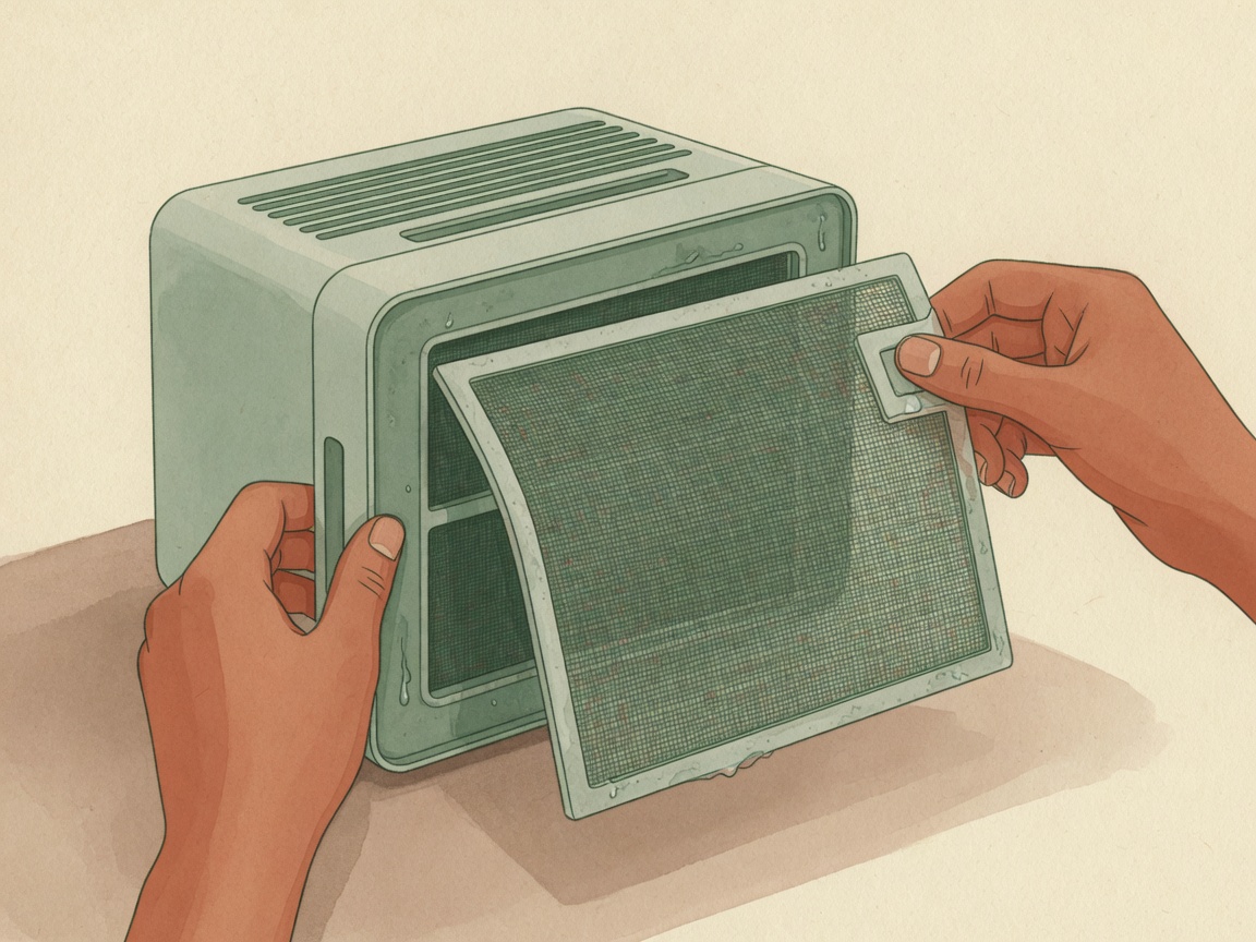 Editorial illustration of cleaning a dehumidifier filter