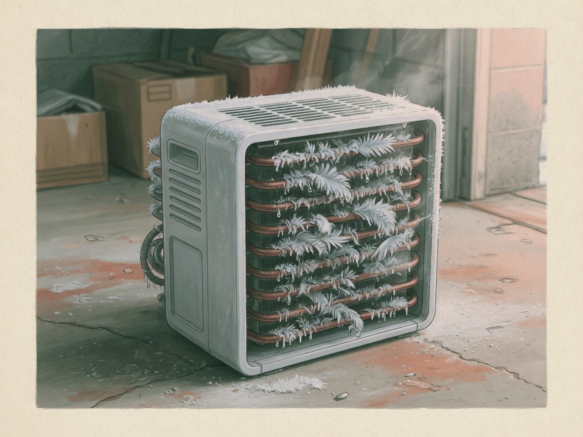 Editorial illustration of frost on a dehumidifier coil