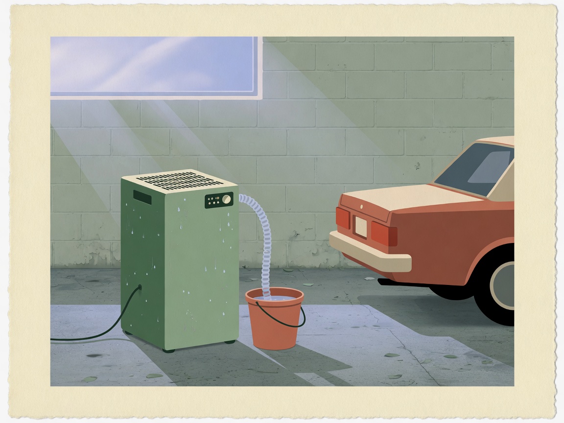 Editorial illustration of a dehumidifier in a residential garage