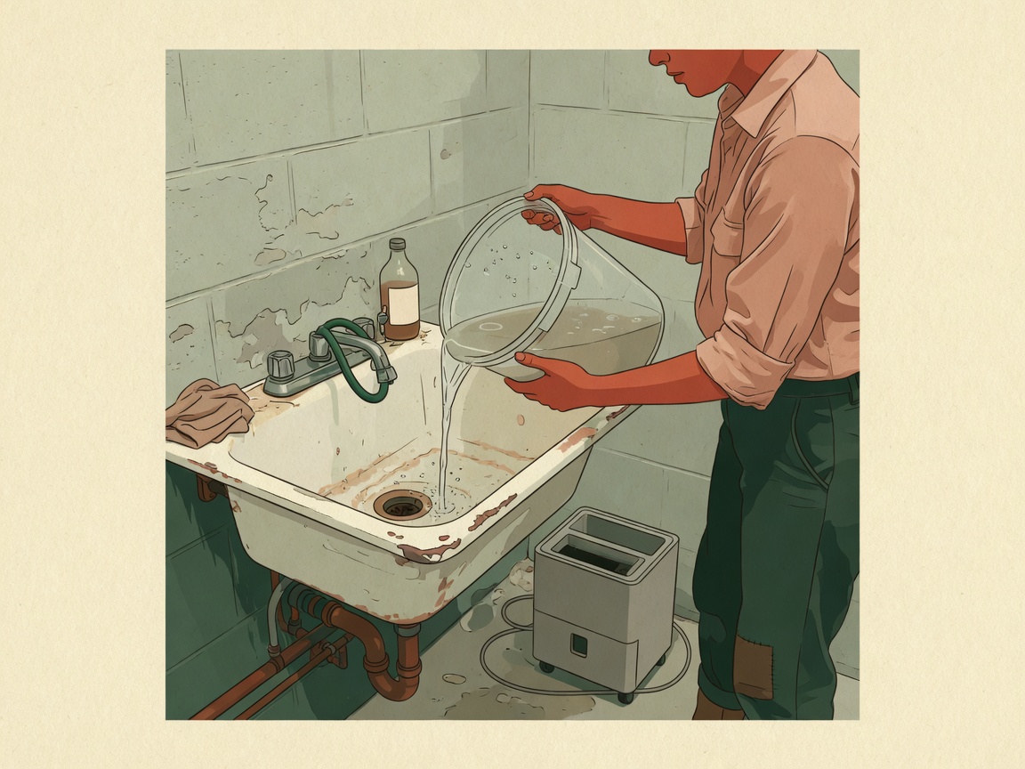 Editorial illustration of emptying a dehumidifier collection bucket