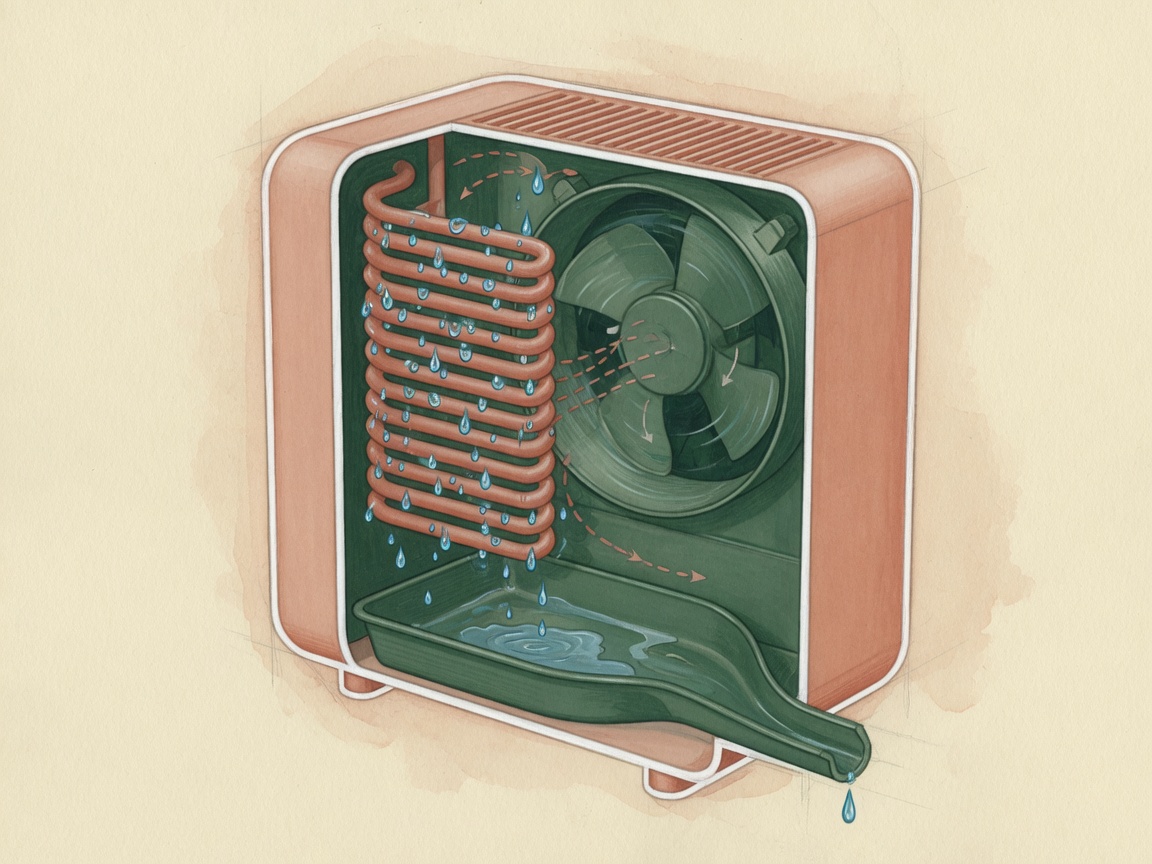 Editorial illustration of how a dehumidifier removes moisture from air
